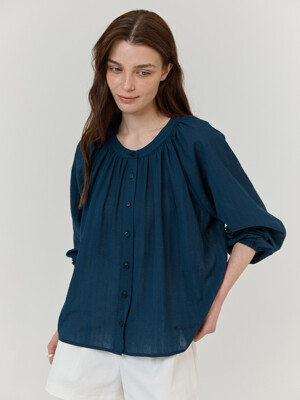 Puffed blooming blouse (Navy)