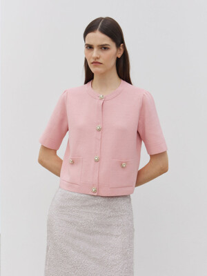 Jewel Button Half Sleeve Knit Cardigan Pink