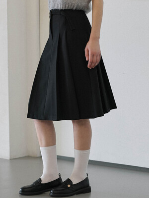 Belt Pleats Midi Skirt [Black]