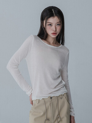 SEE-THROUGH ROUND NECK SHIRRING TSHIRT_IVORY