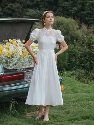 Cest shoulder white see through dress