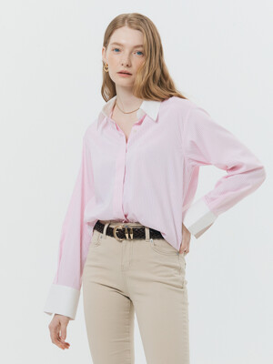 Hidden button cuffs detail stripe shirt (PINK STRIPE)