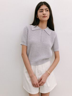 Semi crop Button collar Knit - Purple