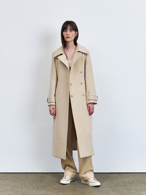 Double Breast Slim Wool Coat with Leather Belt, Light Yellow