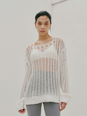 boxy-fit net pullover-ivory