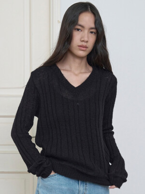 SHEER V-NECK KNIT_BLACK