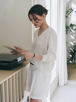 Holgament V-Neck Linen Knit Top[LMBESUKN281]-Off-White