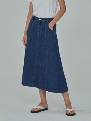 DENIM EDGE CUT BANDING FLARE SKIRT INDIGO