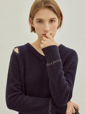 Boucle Two-way neck Knit (Navy)