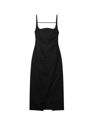 Square neck strap back smocking dress (Black)