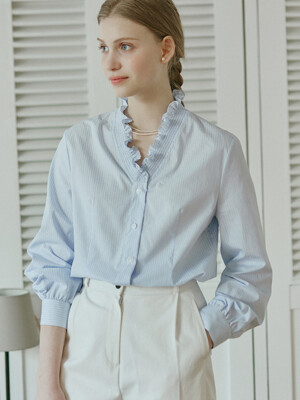 Frill Collar Stripe Blouse - Blue