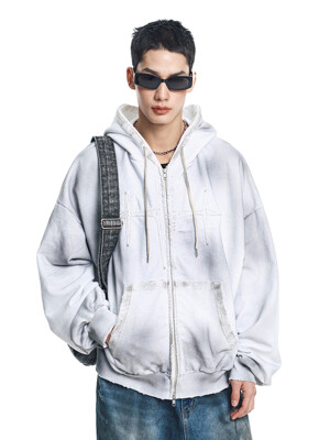 Washed Patch Overfit Hooded Zip-Up - White
