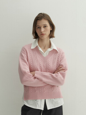 Cashmere 100% Sara Cable Pullover (Dust Pink)