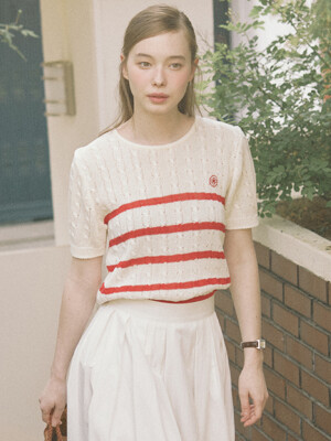 Cable Stripe Ribbon Tie Knit - Red