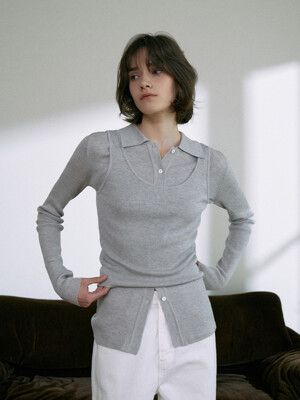 Ribbed Collar Cardigan Set-Up[LMBESPKN272]-Light gray