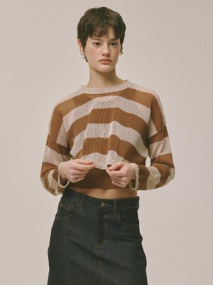 See-through Stripe Knit Top Brown