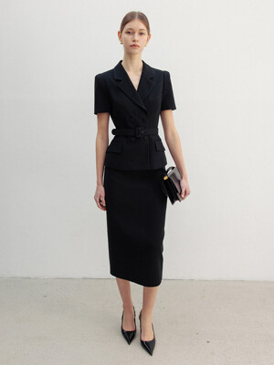 [SET]KAIDA Double breasted tailored half sleeve blazer + AVIVA H-line long skirt (Ivory/Modern black)