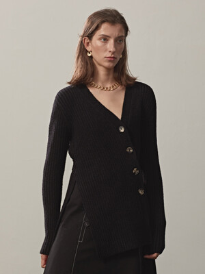 RIBBED-KNIT BUTTONED V-NECK CARDIGAN(BLACK)