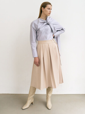 6A Asymmetric-tucked belt flare skirt (Light Beige)