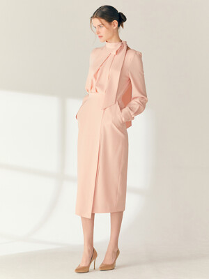 RAINA Tie neck H-line dress (Coral pink)
