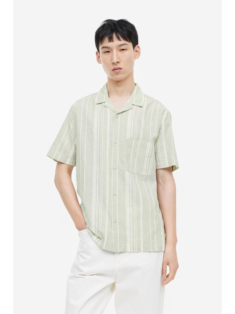 셔츠 - 에이치엔엠 (H&M) - 레귤러핏 리넨 블렌드 셔츠 더스티 그린/화이트 스트라이프 0965257013