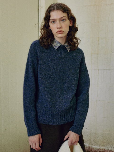 니트 - 니틀리 (KNITLY) - [Women] Whole Garment Wool Sweater (Navy)