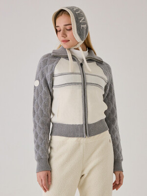 QUILTED KNIT ZIP UP CARDIGAN - MELANGE GRAY