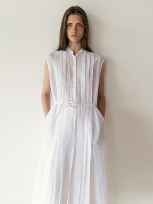 LINEN BLENDED PLEATED DRESS_WHITE