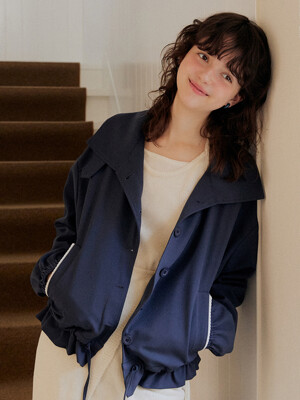 Lace back label ribbon string blouson - navy