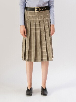 BELT PLEATED MIDI SKIRT (BROWN CHECK)