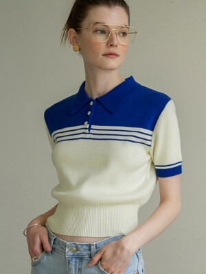SIKN2033 linen blend collar knit_Cobalt blue