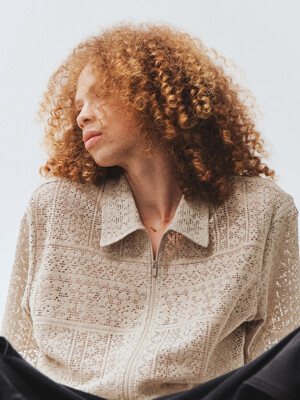 PREMIUM CROCHET KNIT HALF ZIP-UP BEIGE