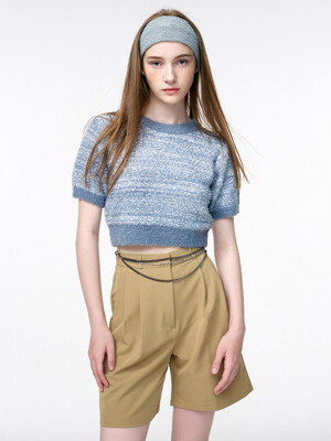Color Blend Short Sleeve Knit Top, Greyish Blue