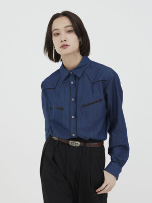 [UNISEX] Fabric Patched Western Shirts Blue