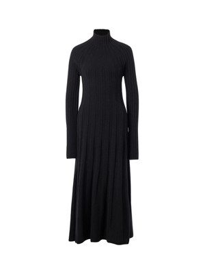 TURTLE NECK RIBBED CASHMERE KNIT DRESS (BLACK)