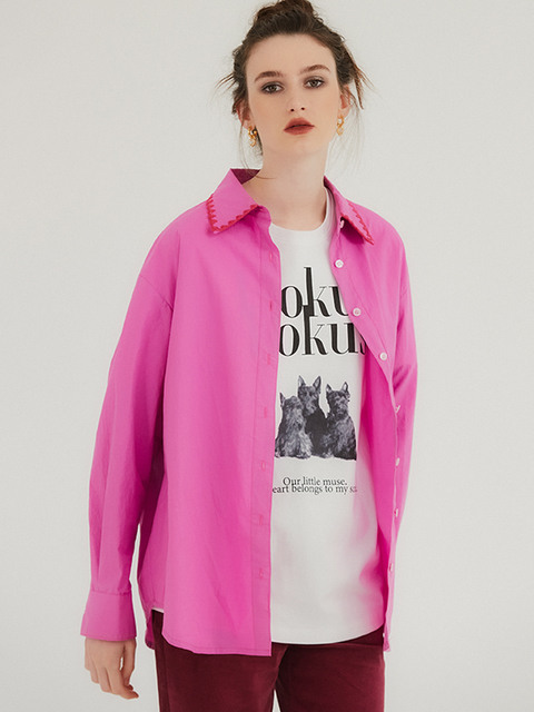 블라우스,셔츠 - 호쿠스포쿠스 (HOKUSPOKUS) - Embroidery Crochet collar overfit shirt / Pink