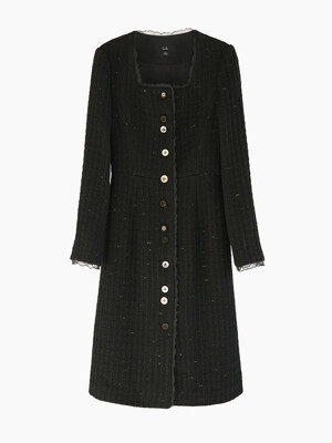Wool Tweed Squared Neck Long Dress_Gold Point Black