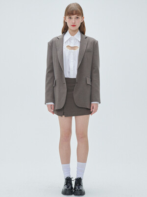 Herringbone suit mini side slit skirt - Brown