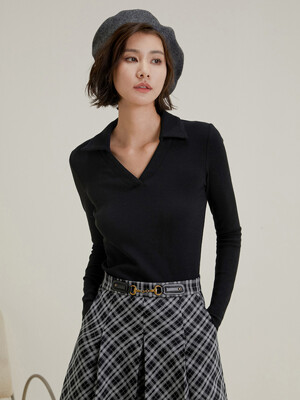 LS_Collar v-neck slim knit top