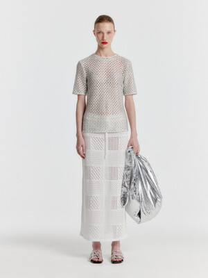 YIZNY Panelled Lace Knit Long Skirt - White