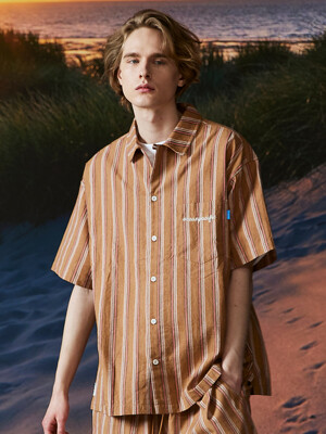 STRIPE OPEN COLLAR SHORT SLEEVE SHIRT [2 COLOR]