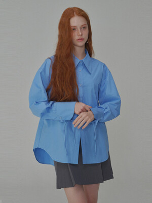 Ribbon Detailed Over-fit Cotton Shirt_Blue