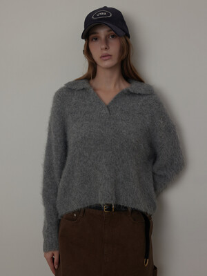 Open Collar Hairy Alpaca Knit_Pullover