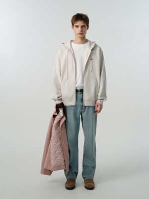 UNISEX LEATHER LOGO ZIP-UP HOODIE OATMEAL MELANGE_M_UDTS5A108I1