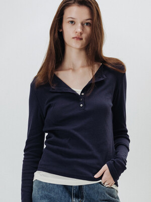 Henley Neck Layered Top (Navy)