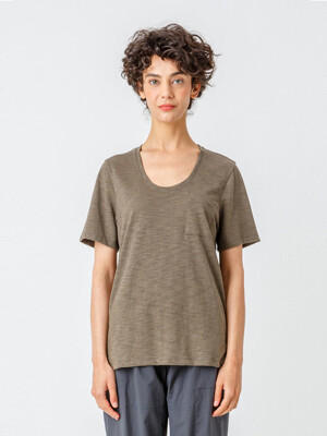 Pocket U Neck T-shirt_Khaki