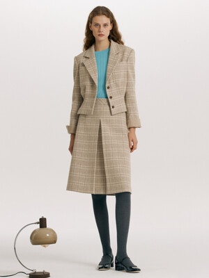 [SET]FINSBURY Tuck detail crop wool jacket + FENCHURCH A-line midi skirt (Beige check)