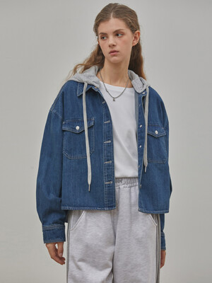 DENIM HOOD CROP JACKET_DETACHABLE HOOD INDIGO