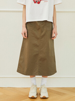 MIL-LABEL BELTED COTTON LONG SKIRT 카키