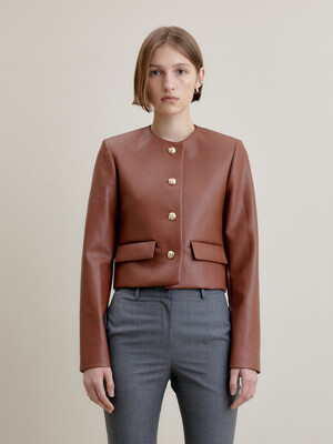 CROP LEATHER JACKET - BROWN